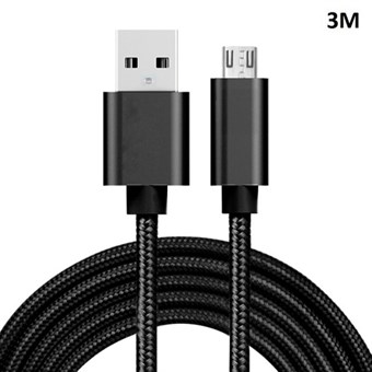 Kvalitets Nylon Micro USB Kabel Sort - 3 Meter