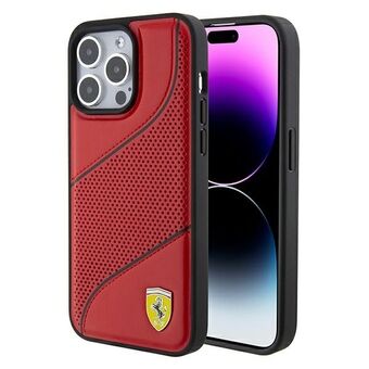 Ferrari FEHCP15LPWAR iPhone 15 Pro 6.1" rød hardcase med perforeret bølget mønster og metallogo.