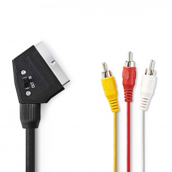 SCART-kabel | SCART Han | 3x RCA Han | Nikkelplateret | Omskiftelig | 480p | 2.00 m | Runde | PVC | Sort | Blister