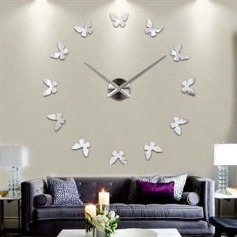 Stort moderne 110x110 cm væg ur med sommerfugle 