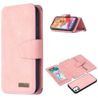 BF07 Aftageligt mat læder lynlås lomme tegnebog telefon cover til iPhone 11 - Pink