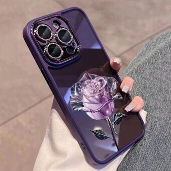 TPU-cover til iPhone 12 Pro 6.1 tommer, rosa blomstermønster glitter kameraring Ring med linsefilm