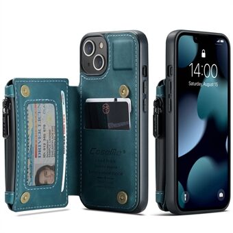CASEME C20-serien Stødsikker tyverisikret lynlåslomme tegnebogsdesign PU-læder og TPU-bagcover Telefoncover til iPhone 13 - Blå