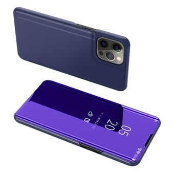 Elektroplettering Spejl Overflade Læder Telefon Case Stand Shell med udsigtsvindue til iPhone 13 Pro - Mørke Blå