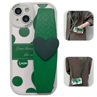 Til iPhone 14 Love Heart Armbånd Anti-drop grønne prikker mønster PU lædercoated TPU telefoncover Bagcover med skulderrem