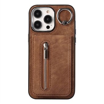 Lynlås-lomme læder+TPU etui til iPhone 15, telefoncover med stativ og hånd- og skulderrem.