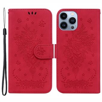 Til iPhone 15 Pro Wallet Phone Case Stand Rose Butterfly Indgraveret PU Læder Telefoncover