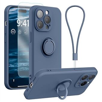 Til iPhone 15 Pro Telefon etui med ringholder, stativ og flydende silikone telefoncover med rem + hærdet glas skærmbeskyttelse.
