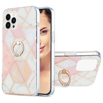 Til iPhone 15 Pro Max YB IMD Series-7 Ring Kickstand TPU Case Electroplating Splicing Marble Pattern IMD Phone Cover
