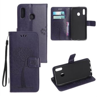 Imprint Tree+Owl Læder Wallet Phone Case til Samsung Galaxy A20e