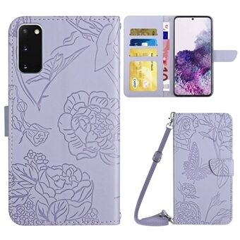 For Samsung Galaxy S20 4G/5G Imprinted Butterfly Flower Skin-touch PU Leather Wallet Stand Case with Shoulder Strap