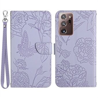 For Samsung Galaxy Note20 Ultra / Note20 Ultra 5G PU Leather Book Wallet Case Skin-touch Feeling Butterfly Flower Imprinted Strap Stand Feature Cover