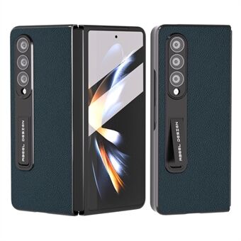 ABEEL Til Samsung Galaxy Z Fold3 5G Kickstand Beskyttelsescover Litchi Texture Koskind + PC Panser Telefontaske med hærdet glasfilm