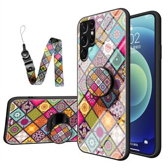 Faldsikkert velbeskyttet hærdet glas + pc + TPU Kickstand telefoncover med snor til Samsung Galaxy S22 Ultra 5G