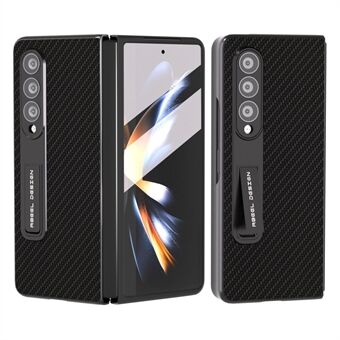 ABEEL Til Samsung Galaxy Z Fold4 5G Carbon Fiber Texture Shockproof Case PU Læder+PC Kickstand Telefoncover med hærdet glasfilm