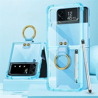 GKK Til Samsung Galaxy Z Flip4 5G Finger Ring Design Airbag Anti-fald TPU Transparent telefoncover med Stylus Pen