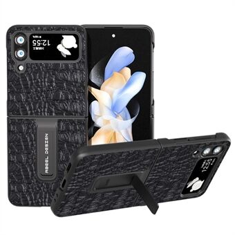 ABEEL til Samsung Galaxy Z Flip4 5G Beskyttelsescover Ægte ko læder+PC Kickstand telefoncover