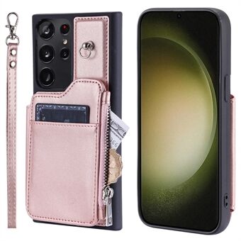 009 Til Samsung Galaxy S23 Ultra lynlås lomme-etui Kickstand PU-læderbelagt TPU RFID-blokerende tegnebogstelefoncover med håndledsstrop