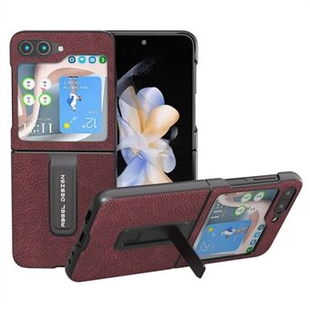 ABEEL Til Samsung Galaxy Z Flip5 5G Kickstand Bagcover Litchi Texture Lædercoated PC-telefoncover