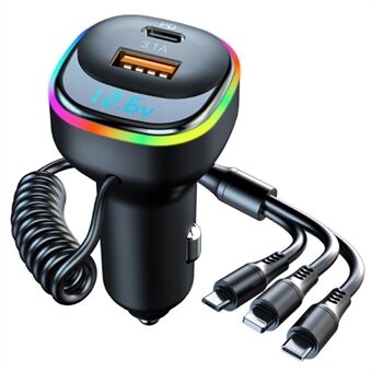 K2 Car Charger Voltage Digital Display PD Intelligent 3-in-1 Elastic Charging Cable Car Charger Adapter with 7 Color Ambient Light