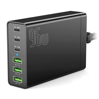 96W 6-ports desktop USB-ladestation med 3 Type-C-porte + 3 USB-A-porte Multi-port PD-hurtigoplader til iPhone 13 / 12 Pro Max / iPad-serien / Samsung Galaxy (CE-certificeret)