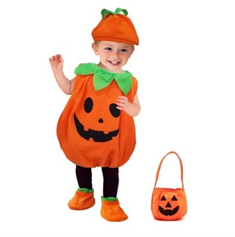Halloween-kostume til børn - temaet er græskar - inkluderer hat og taske - 130 cm - stort.