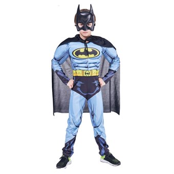 Batman Blue Kostume - Børn - Inkl. Maske + Dragt + Kappe - Large - 130-140 cm