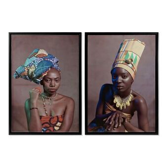 Maleri DKD Home Decor African Art 65 x 3,5 x 90 cm Kolonistil Afrikansk kvinde Lakeret (2 enheder)