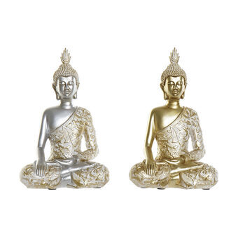 Dekorativ figur DKD Home Decor Sølvfarvet Gylden Buddha Harpiks (2 pcs) (18 x 11 x 28 cm)