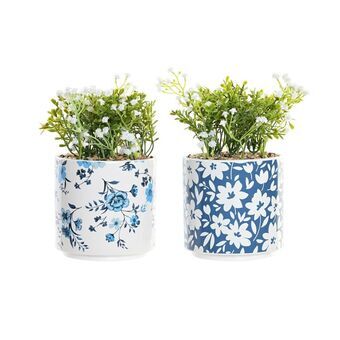 Dekorativ plante DKD Home Decor Vase Porcelæn Blå Hvid Grøn PE (13.5 x 13.5 x 25 cm) (2 enheder)