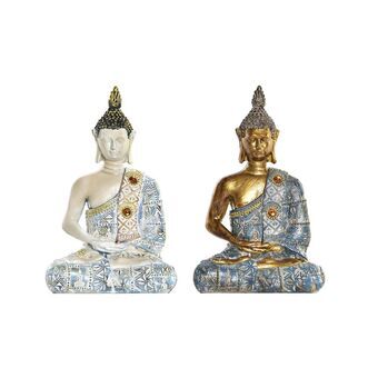 Dekorativ figur DKD Home Decor Blå Gylden Buddha Hvid Harpiks (12,5 x 8,8 x 20,5 cm) (2 enheder)