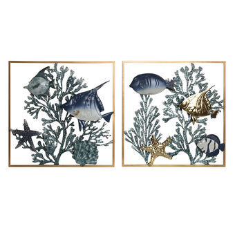 Vægdekoration Home ESPRIT Blå Gylden Middelhavet Fisk 50 x 4 x 50 cm (2 enheder)