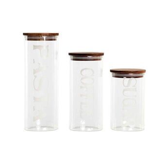 Sæt med 3 Dåser DKD Home Decor Natur Gennemsigtig Akacie Bogstaver Borosilikatglas (10,2 x 10,2 x 27,7 cm)