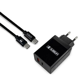 Vægoplader + USB A til USB C-kabel Subblim CARGADOR ULTRA RAPIDO 2xUSB DE PARED PD18W+2.4A + Cable C to C Negro