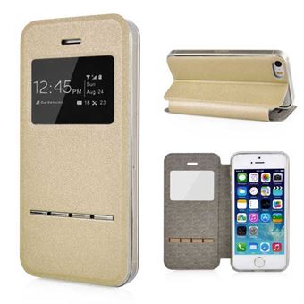 Multifunktionel leather window view case iPhone 5 / iPhone 5S / iPhone SE 2013 - Guld
