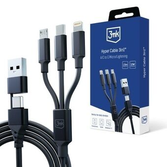 3MK Hyper Cable 3-i-1 USB-A/USB-C - USB-C/Micro/Lightning 1,5m Sort kabel