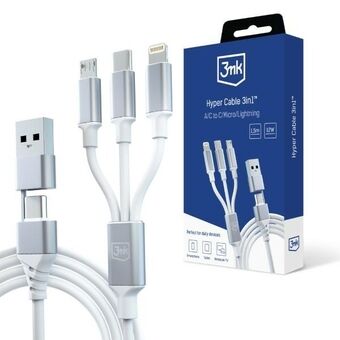 3MK Hyper kabel 3i1 USB-A/USB-C - USB-C/Micro/Lightning 1.5m Hvid/White Kabel