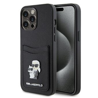 Karl Lagerfeld KLHCP15XSAPKCNPK iPhone 15 Pro Max 6.7" sort hardcase med Saffiano-kortslot og KC metalnål.
