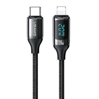 USAMS U78 USB-C til Lightning LED 1,2m 20W PD Fast Charge flettet kabel sort/sort SJ545USB01 (US-SJ545)
