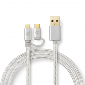 2 i 1 kabel | USB 2.0 | USB-A han | USB Micro-B han / USB-C™ Han | 480 Mbps | 1.00 m | Guldplateret | Runde | Flettet | Aluminium | Cover Window Box