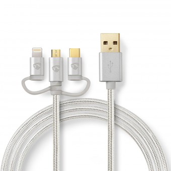 3 i 1 kabel | USB 2.0 | USB-A han | Apple Lightning 8-pin / USB Micro-B han / USB-C™ Han | 480 Mbps | 1.00 m | Guldplateret | Runde | PVC | Aluminium | Cover Window Box