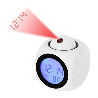  Projektorur med LED-skærm - Termometer - Snoozefunktion - Hvid