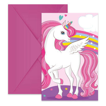 Invitationer og kuverter med FSC Unicorn Rainbow farver.