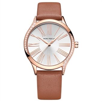 MINI FOCUS 0259L Women\'s Watch Quartz Wrist Watch Genuine Leather Rhinestone Decor Band Watch
