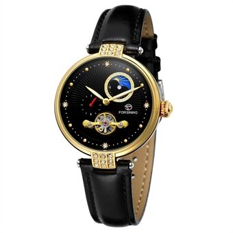 FORSINING Women\'s Automatic Mechanical Watch with Leather Strap Hollow-out Design Luminous Display Wristwatch for Women