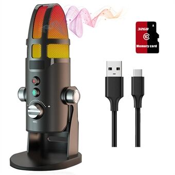 Computer Condenser Microphone for PS4 Live Streaming Recording Microphone with RGB Light Built-in Sound Card (PC Version + 32G Memory Card)
