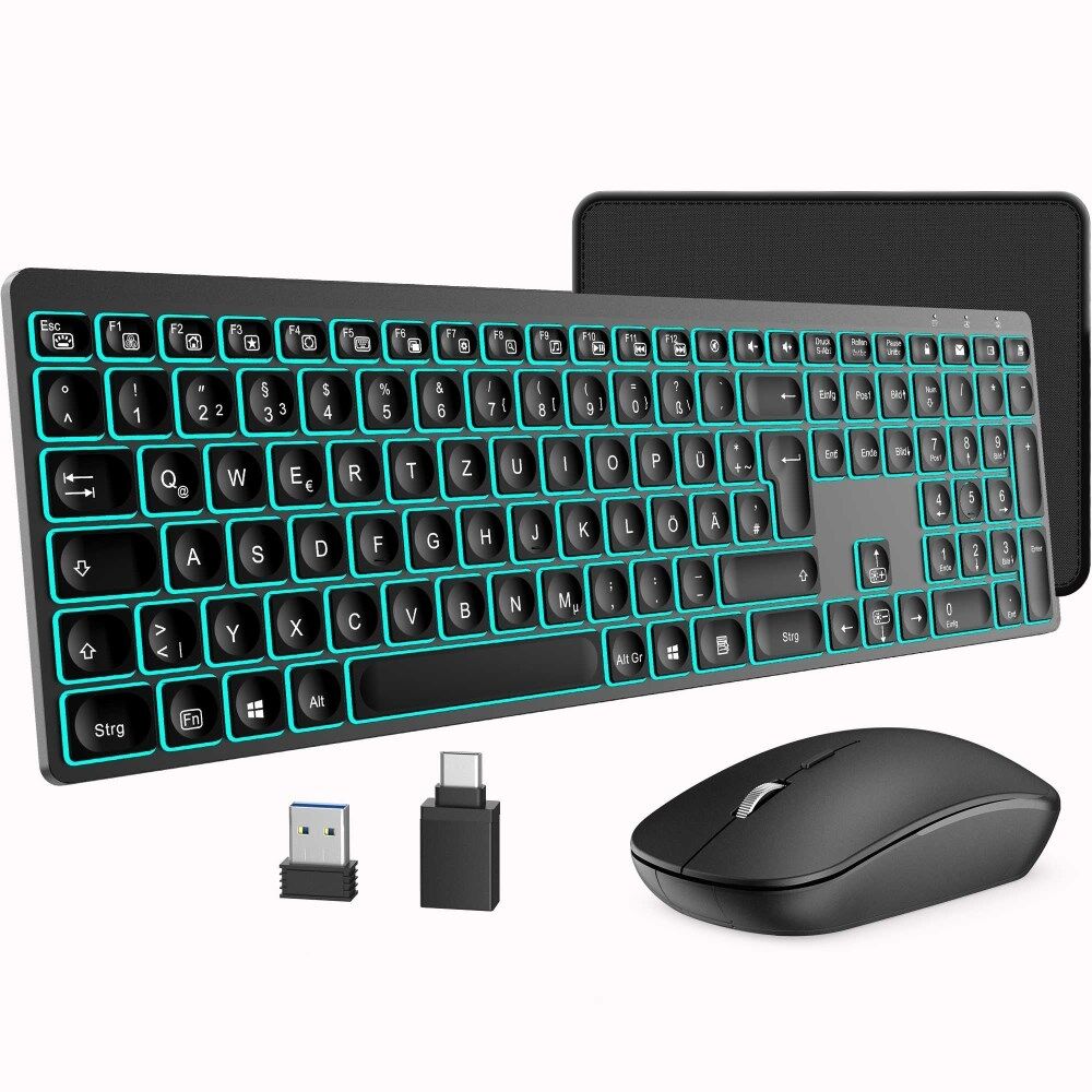 anekdote bestille plads KM004 2.4G trådløst tastatur og mus sæt med 7-farvet baggrundsbelysning til  bærbar pc, tysk version / sort