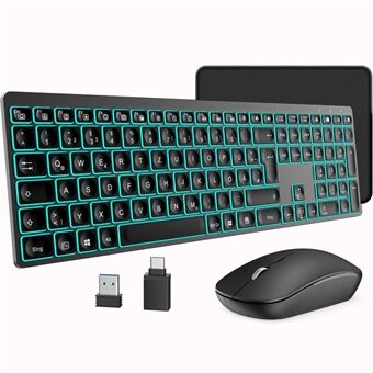 KM004 2.4G trådløst tastatur og mus sæt med 7-farvet baggrundsbelysning til bærbar pc, tysk version / sort