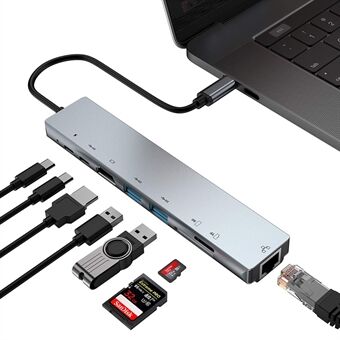 WC7367 8 i 1 USB-C HUB Multifunktion SD/TF-kortlæser HDMI RJ45 USB PD Type-C Docking Station Converter