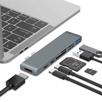 Dual USB-C Hub Type-C til Thunderbolt 3 + Type-C + 4K HDMI + USB 3.0 x 2 + SD + MicroSD-kortlæseradapter